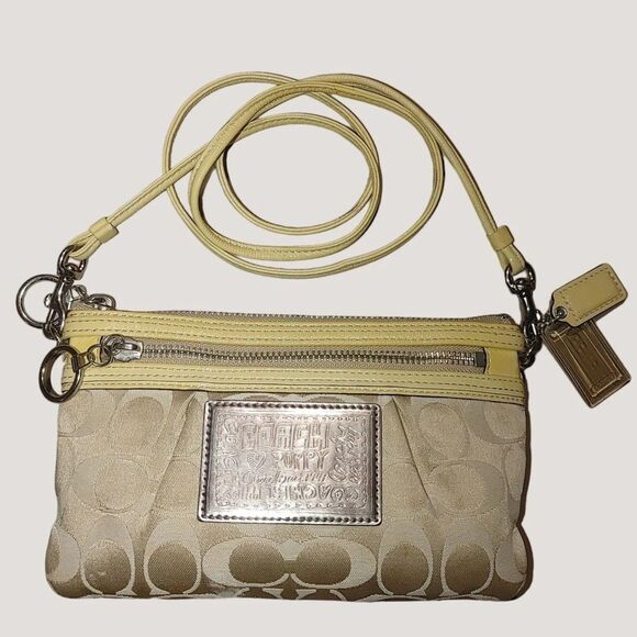 Coach Handbags - Coach Signature Logo Poppy Beige Yellow Crossbody Wristlet Purse Convertible